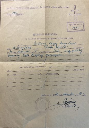 M. Kir. 'Bornemissza Gergely' I. honvéd utász zászlóalj karpaszományos honvédjának igazolványa - 1942
