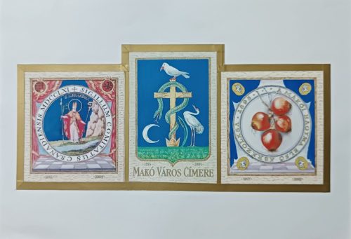 Szekeres István (1927-): Makó város címere (címerterv). Nyomat, kollázs, papír, jelzés nélkül, 12x26 cm.