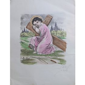   Olvashatatlan jelzéssel: Kereszttel. Színezett litográfia, papír. 22x20 cm