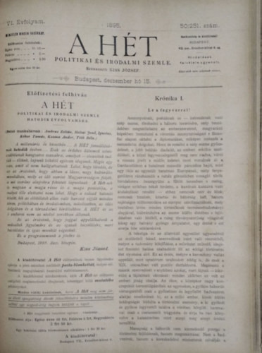 A Hét - Politikai és irodalmi szemle - 1895 (VI. évf.) 25-52. sz. (fél évfolyam egybekötve) - Kiss József (szerk.)