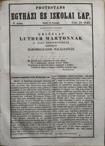 Székács József - Török Pál (szerk.): Protestans Egyházi és Iskolai Lap, V. évf. (1846) 1-25. szám (egybekötve)