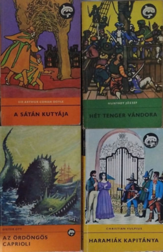 A sátán kutyája + Az ördöngös Caprioli + Haramiák királya + Hét tenger vándora (4 kötet a Delfin Könyvek sorozatból) - Arthur Conan Doyle - Hunyady József - Dieter Ott - Christian Vulpius