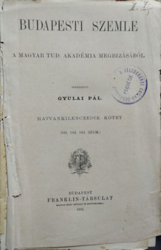Budapesti Szemle, 69. kötet 181-183. szám (1892) - Gyulai Pál (szerk.)