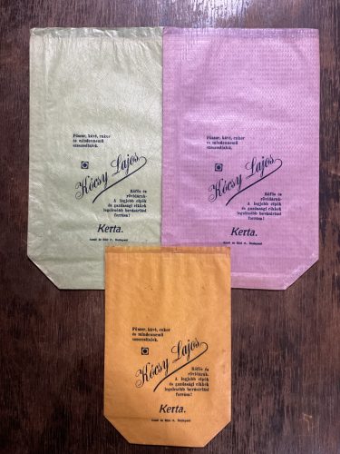Kócsy Lajos Fűszer, kávé, cukor, rőfös és rövidárú - 3 db reklám papírtasak 1930 körül 