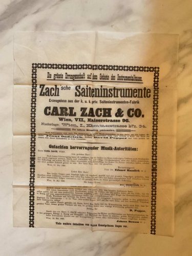 Carl Zach neves bécsi hegedűkészítő reklámplakátja - (1896) alján hiánnyal