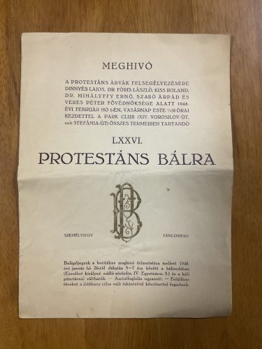 1948-as Protestáns bál meghívó – Park Club, Budapest