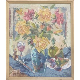   Szilvásy Pál (1920–1996): Virágcsendélet kék vázával, borral és gyümölcsökkel