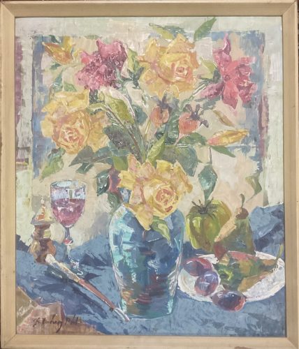 Szilvásy Pál (1920–1996): Virágcsendélet kék vázával, borral és gyümölcsökkel